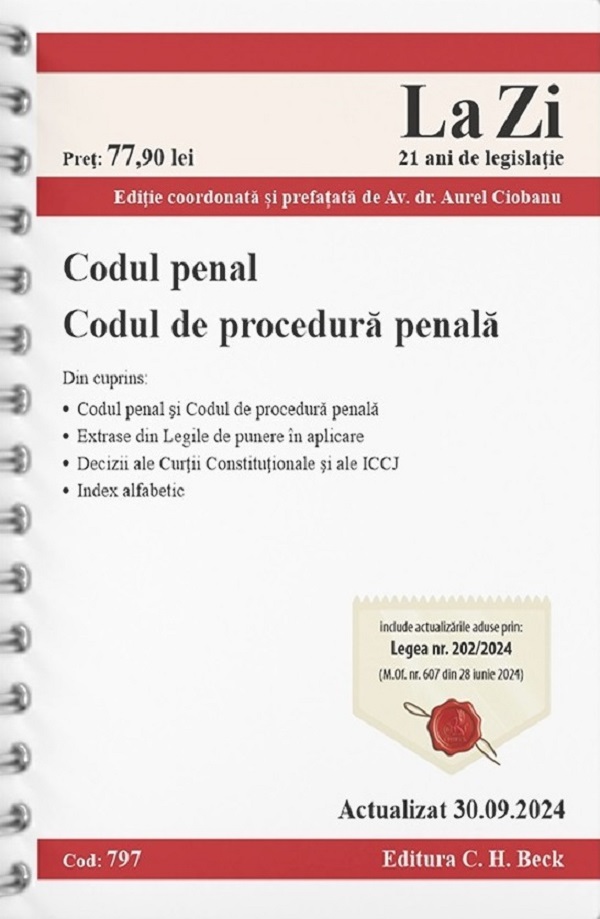 Cartea Codul penal. Codul de procedura penala Act. 30 Septembrie 2024 Ed. Spiralata de Codul penal. Codul de procedura penala Act. 30 Septembrie 2024 Ed. Spiralata