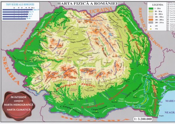Cartea Harta fizica a Romaniei + Harta administrativa a Romaniei 1:3.200.000 (pliata)