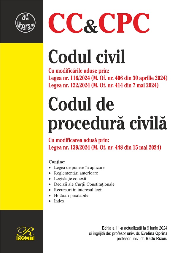 Codul civil. Codul de procedura civila Ed.11 Act.9 iunie 2024, Radu Rizoiu, Evelina Oprina – copertă