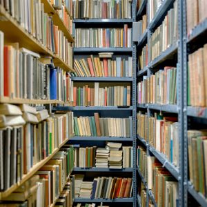 Library interior with books