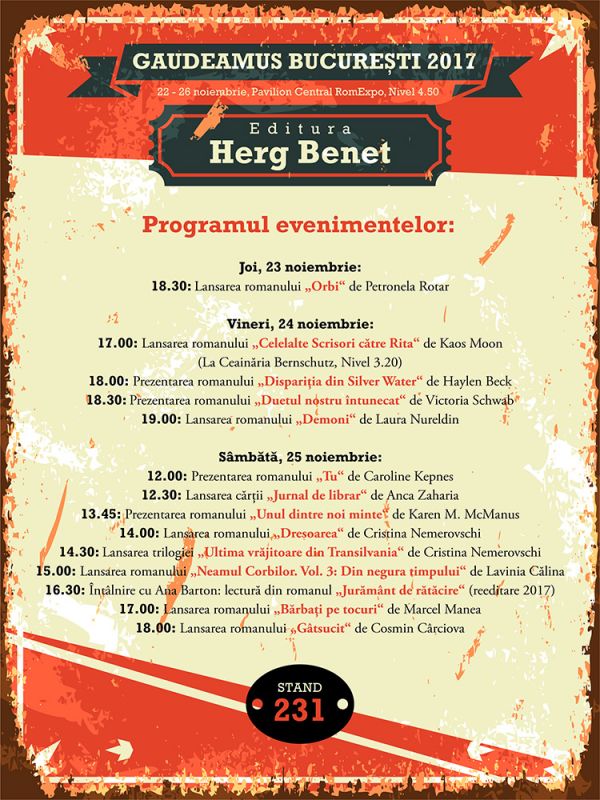 Editura Herg Benet va participa între 22-26 noiembrie 2017 la Târgul Internațional de Carte Gaudeamus București