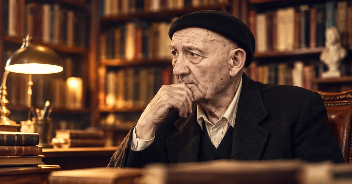 Petre Țuțea – portret ilustrativ într-o bibliotecă